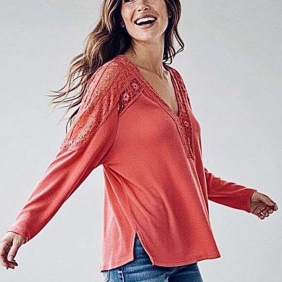 Free People Tops - Free People Lola Lace Long Sleeve V-neck Color Rose Crimson Feminine Top L ‘NWOT